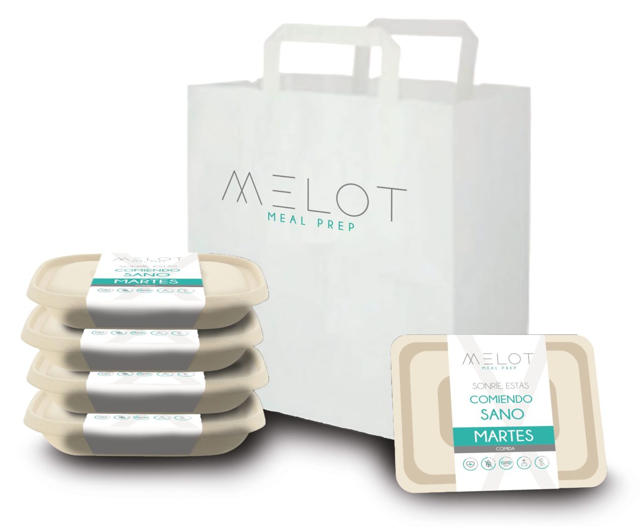 Aplicaciones de identidad de Melot, con envases y bolsa
